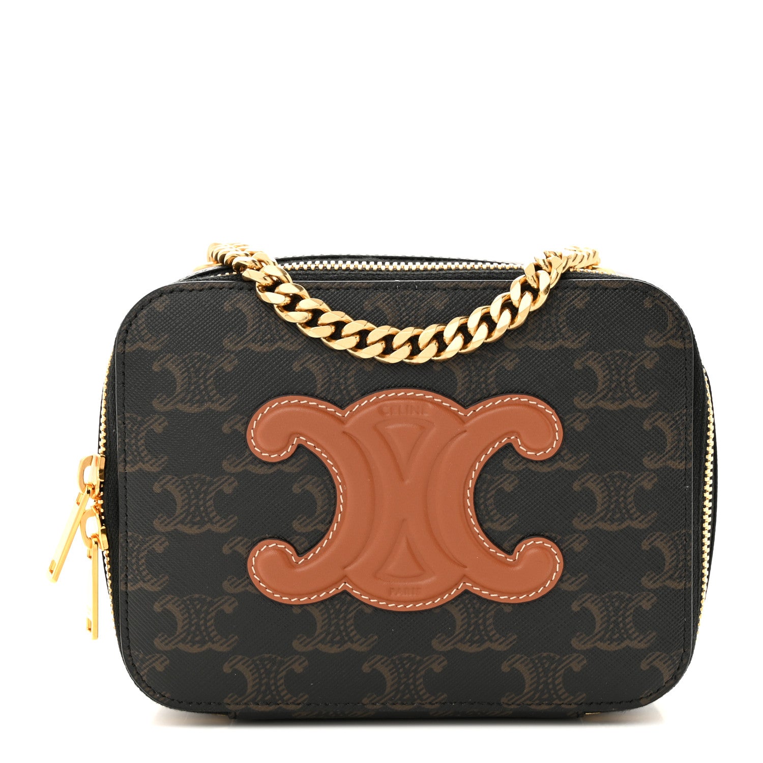 Celine Triomphe Canvas Calfskin Cuir Box On Chain Tan 1 of 11
