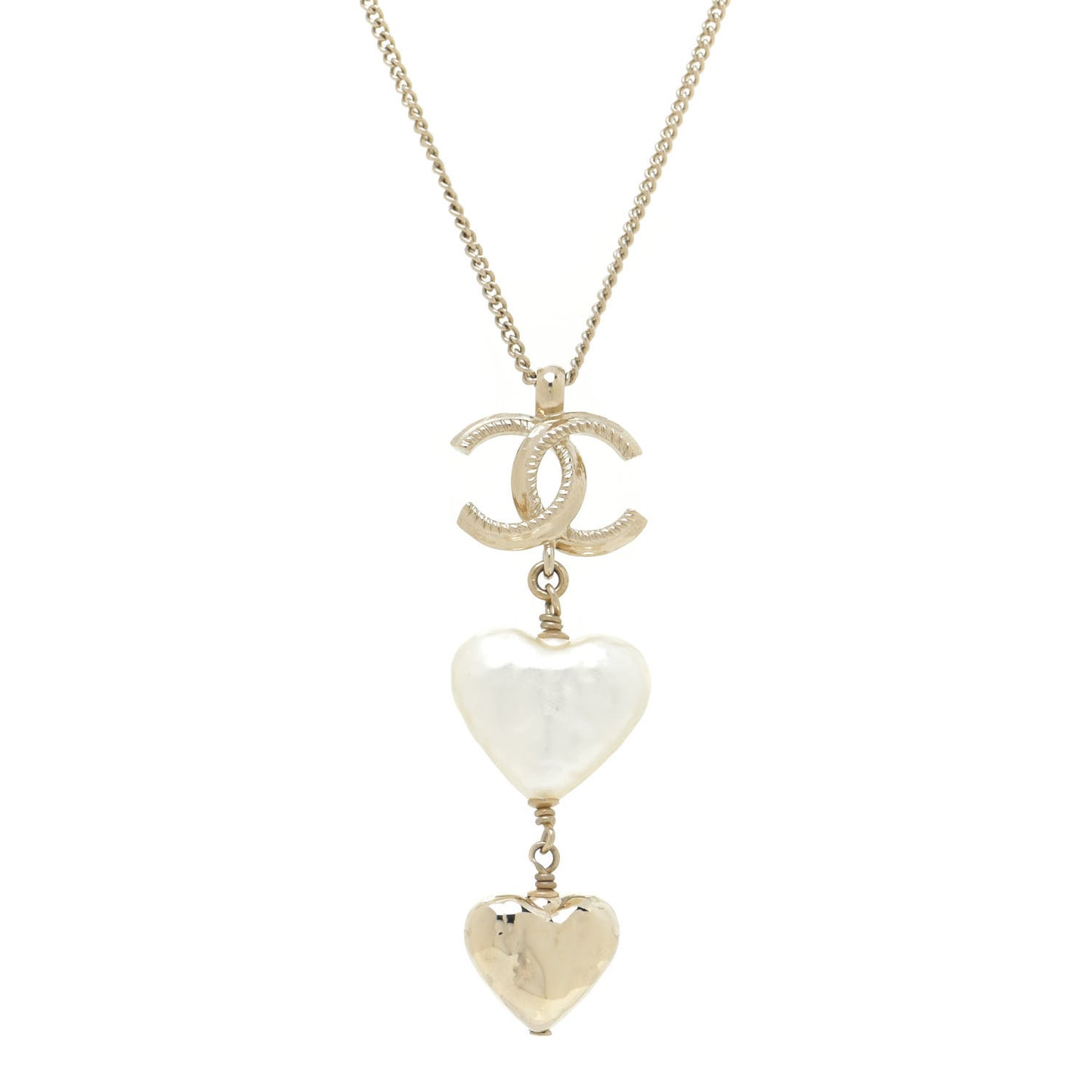 Pearl CC Double Heart Drop Necklace Pearly White Gold