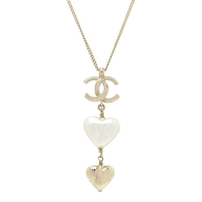 Chanel Pearl CC Double Heart Drop Necklace Pearly White Gold 4 of 6
