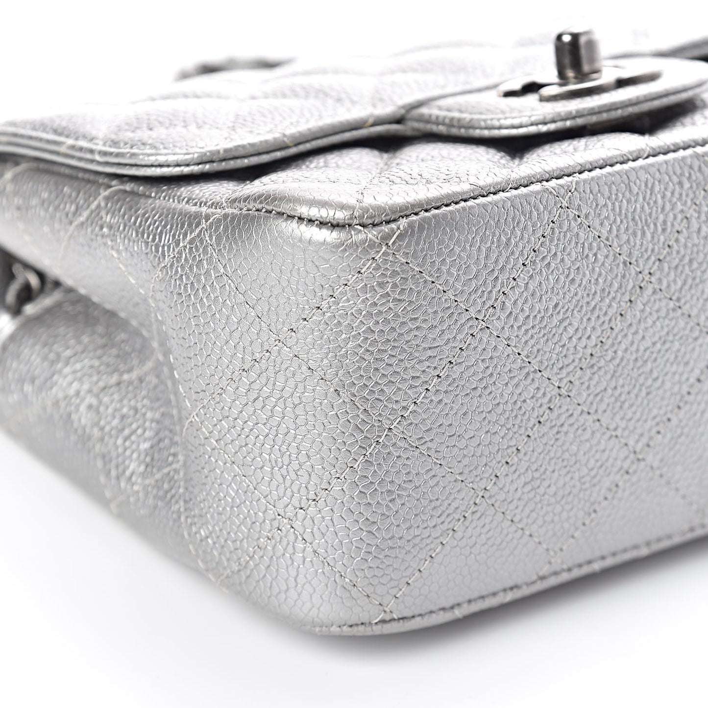 Metallic Caviar Quilted Mini Square Flap Silver