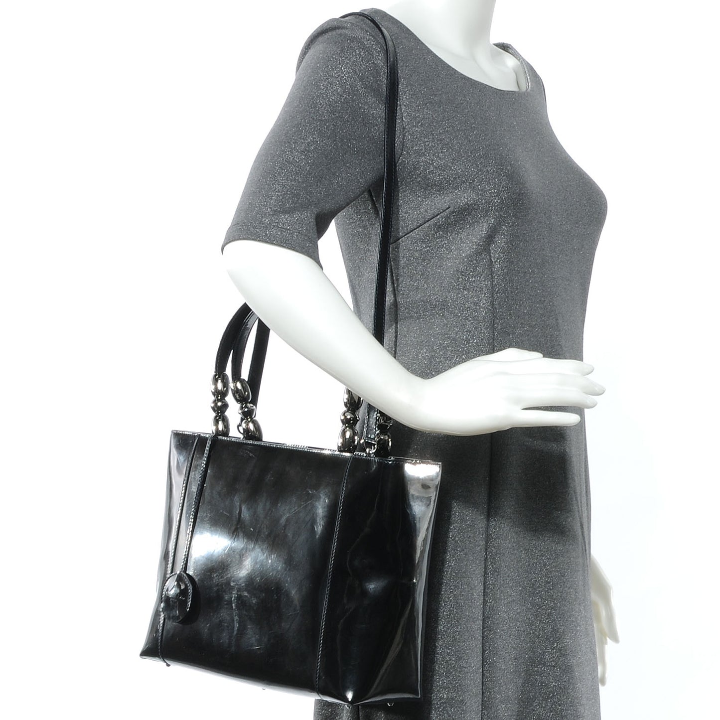 Patent Chrome Beaded Malice Tote Black
