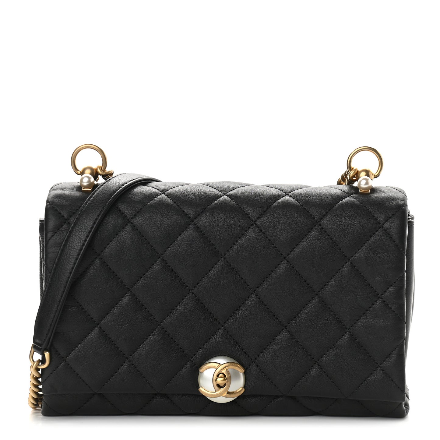 Calfskin Quilted Accordion Pearl CC Small Flap Bag Black