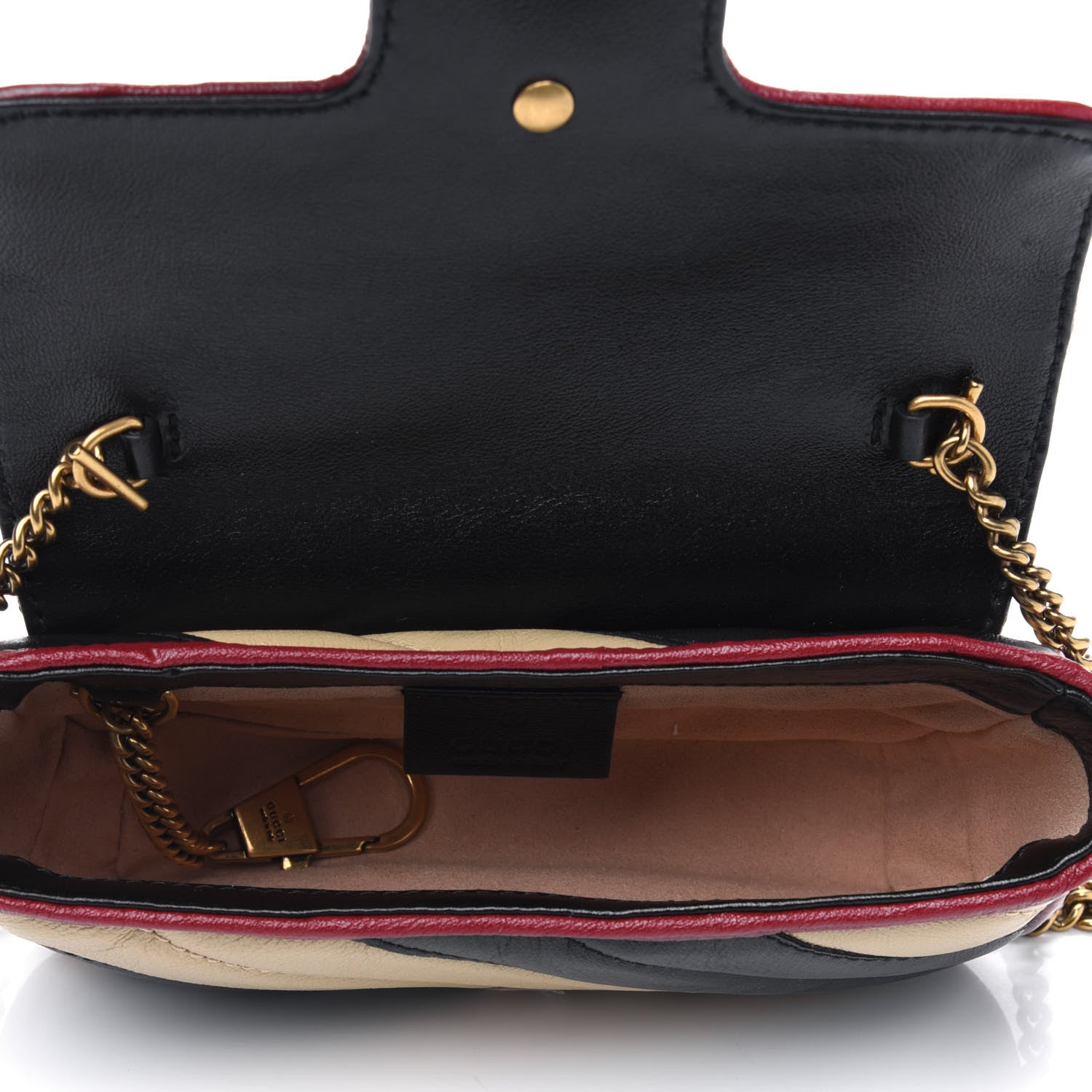 Gucci Vintage Effect Calfskin Matelasse Diagonal Striped Super Mini Torchon GG Marmont Shoulder Bag Black Beige 3 of 3