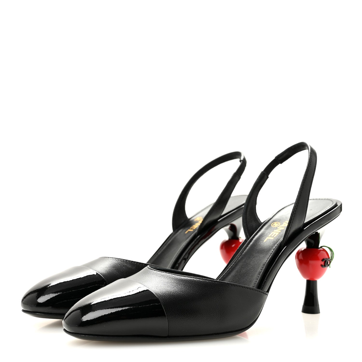 Chanel Lambskin Patent Cap Toe CC Apple Slingback Pumps 37 Black 4 of 10