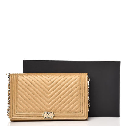 Chanel Calfskin Chevron Quilted Boy Wallet On Removable Chain WOC Dark Beige 11 of 11