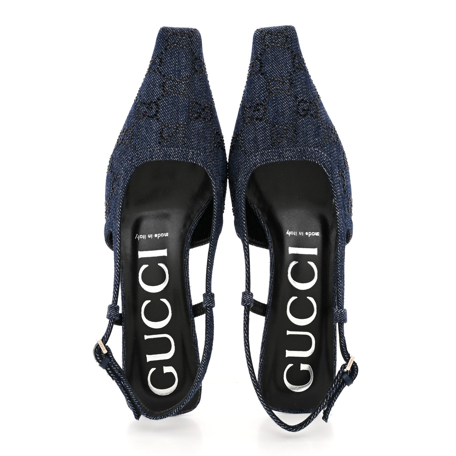 Gucci Denim GG Monogram Malaga Kid Crystal Square G 35mm Slingback Pumps 37 Blue 2 of 12