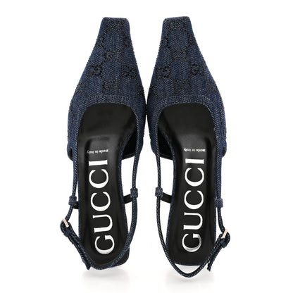 Gucci Denim GG Monogram Malaga Kid Crystal Square G 35mm Slingback Pumps 37 Blue 2 of 12