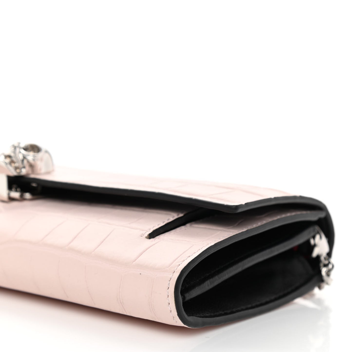 Calfskin Crocodile Embossed Skull Wallet on Chain Baby Pink