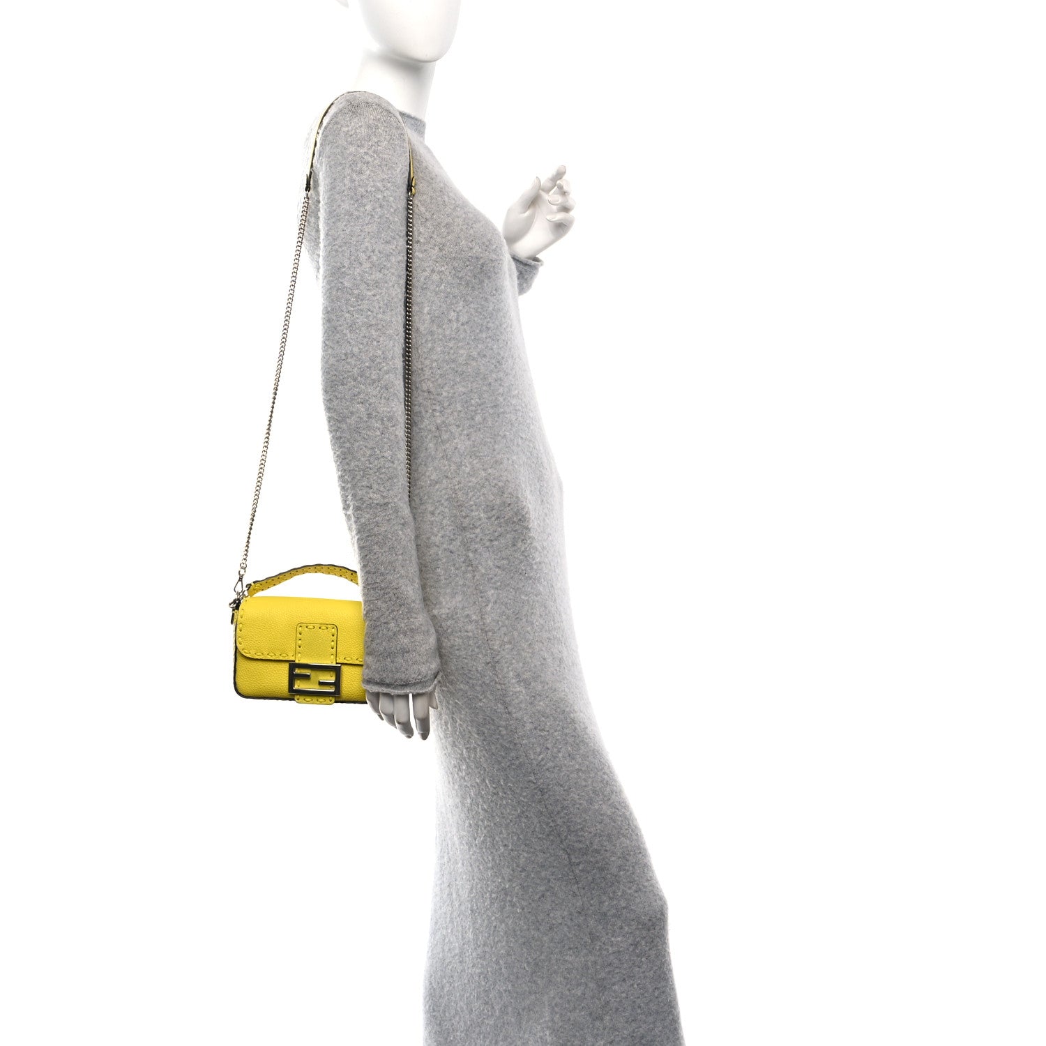 Fendi Cuoio Roma Sellerissima Nappa Sintetica Tape Stitch Mini Baguette Acid Yellow 2 of 11