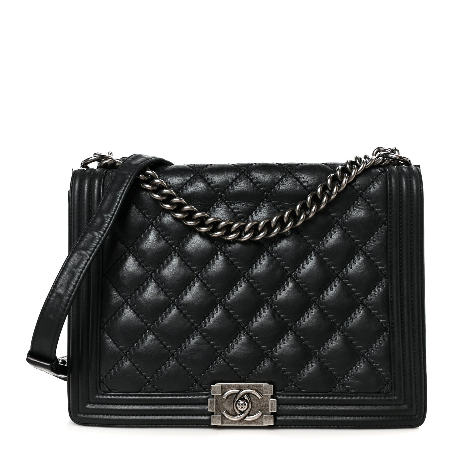 Calfskin Quilted Double Stitch New Medium Boy Flap Black