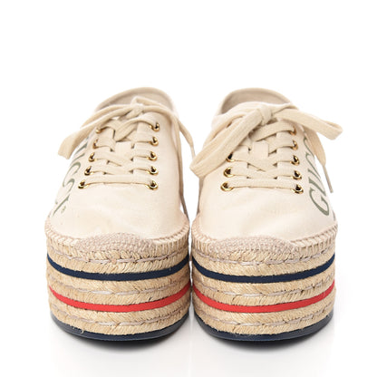 Gucci Canvas Logo Lace-Up Platform Espadrilles 37 Greggio Grege 2 of 9