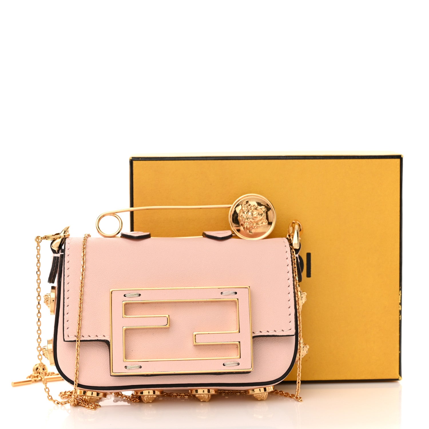 Fendi X VERSACE Vitello Seta Fendace Studded Nano Brooch Baguette Rosa Confetto 10 of 10