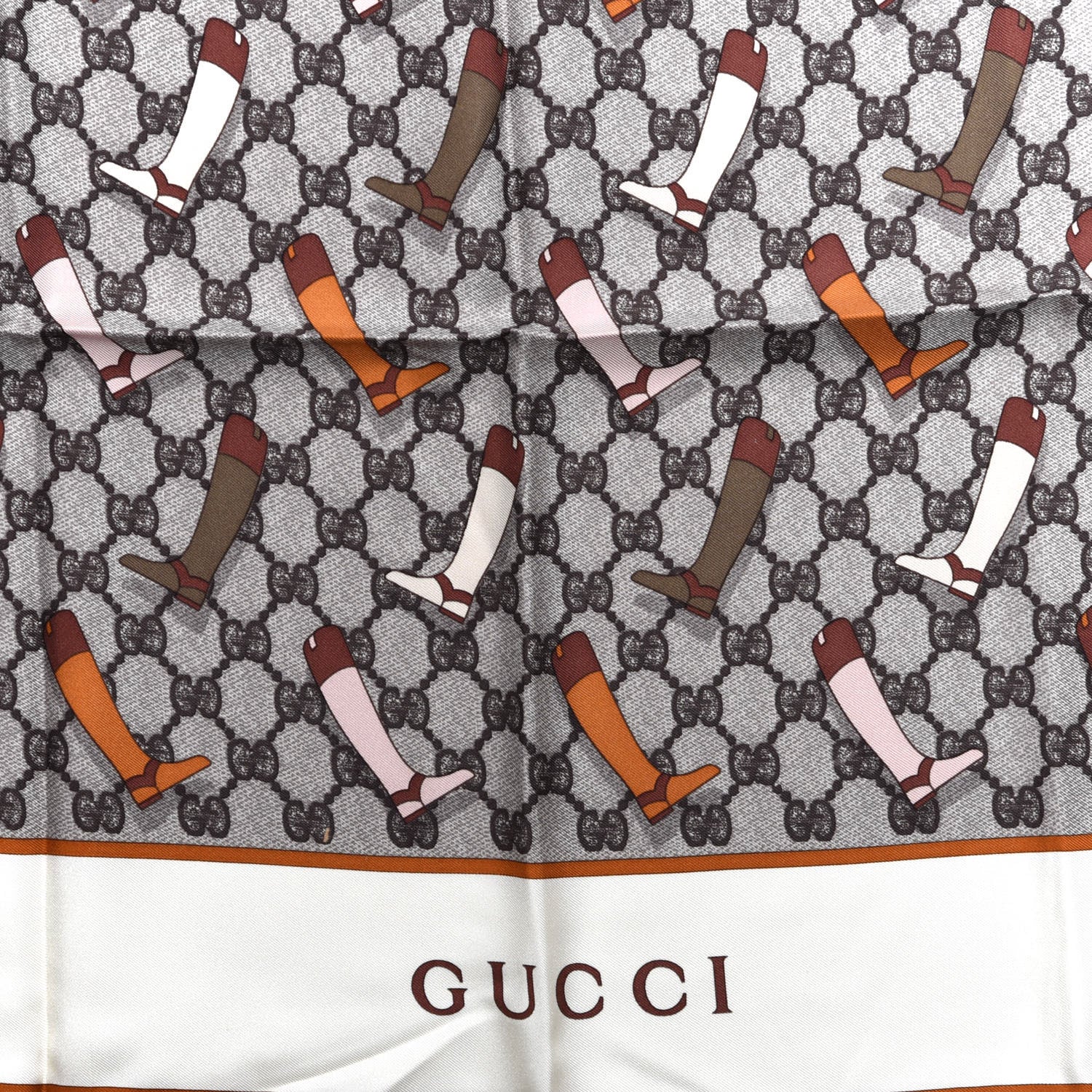 Gucci Silk Monogram Riding Boot Print Scarf White Brown 2 of 3