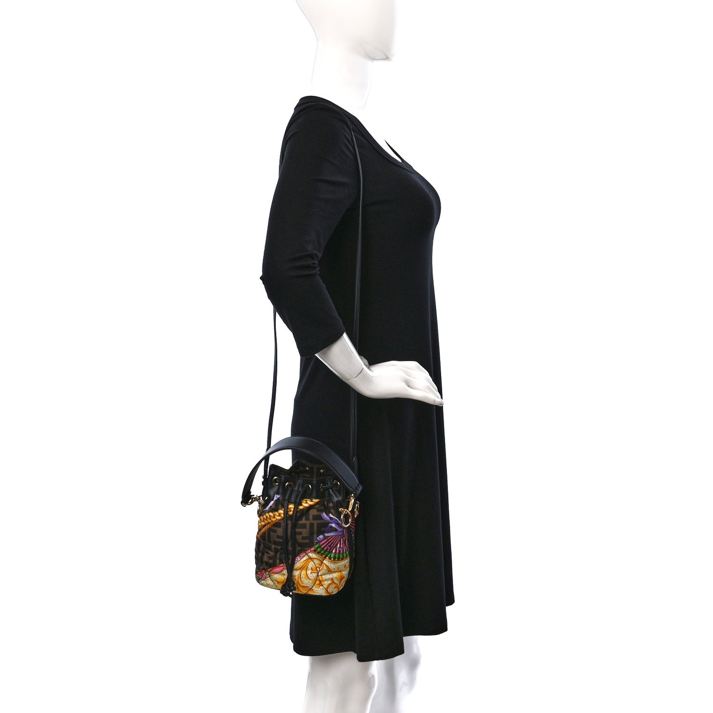 X VERSACE Silk Vitello Fendace FF Baroque Quilted Mini Mon Tresor Bucket Bag Gold Multicolor