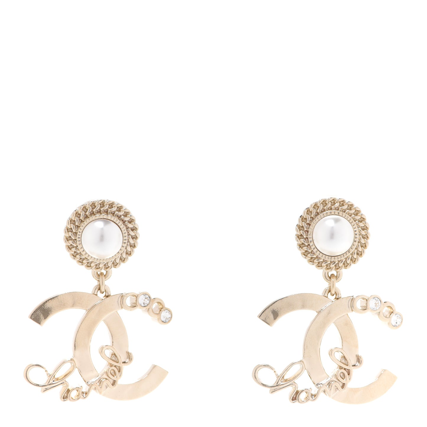 Metal Pearl Crystal Coco Script CC Drop Earrings Gold