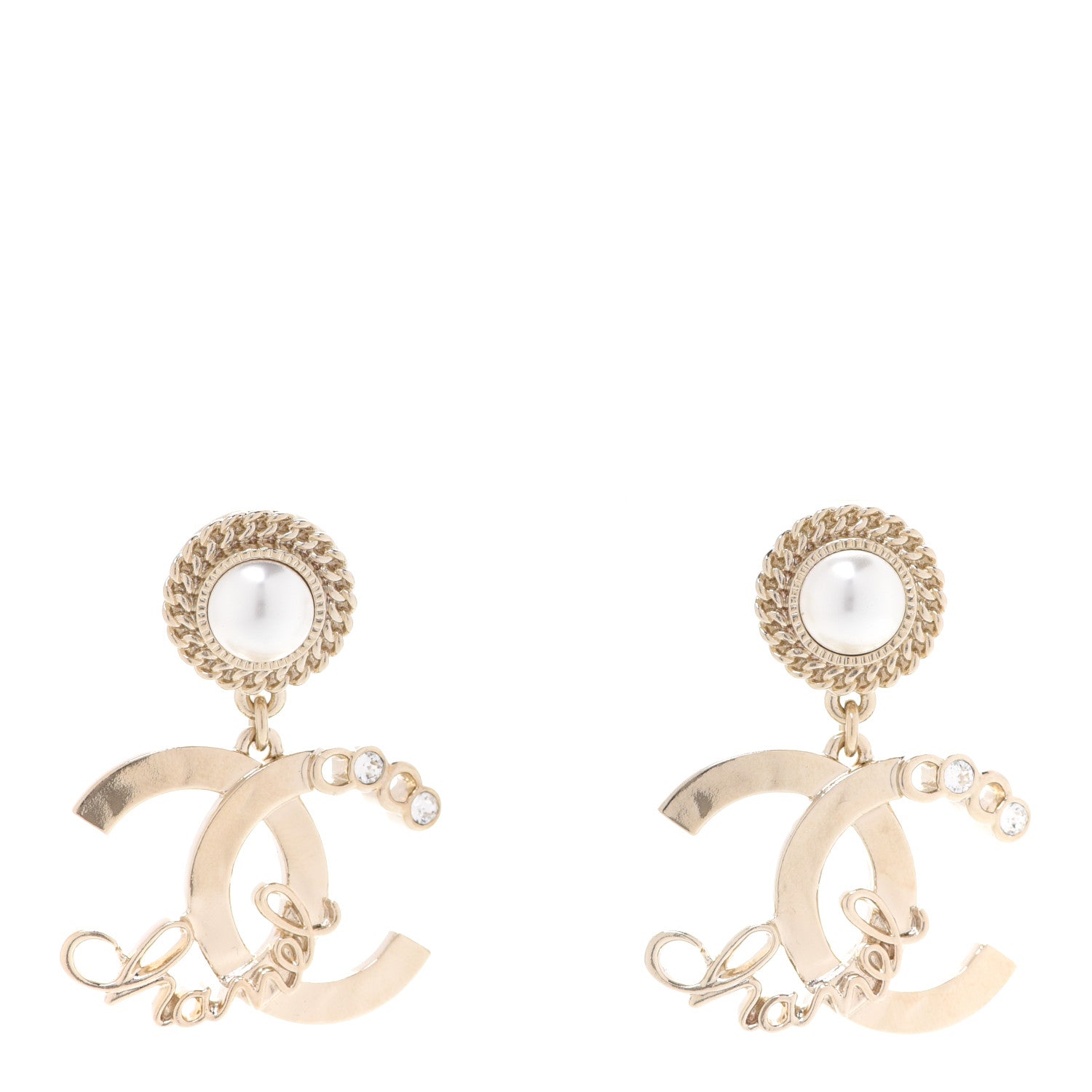 Chanel Metal Pearl Crystal Coco Script CC Drop Earrings Gold 1 of 5