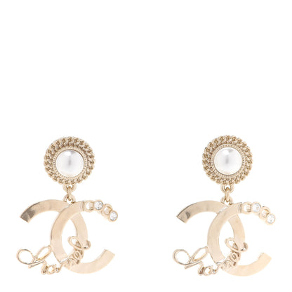 Chanel Metal Pearl Crystal Coco Script CC Drop Earrings Gold 1 of 5
