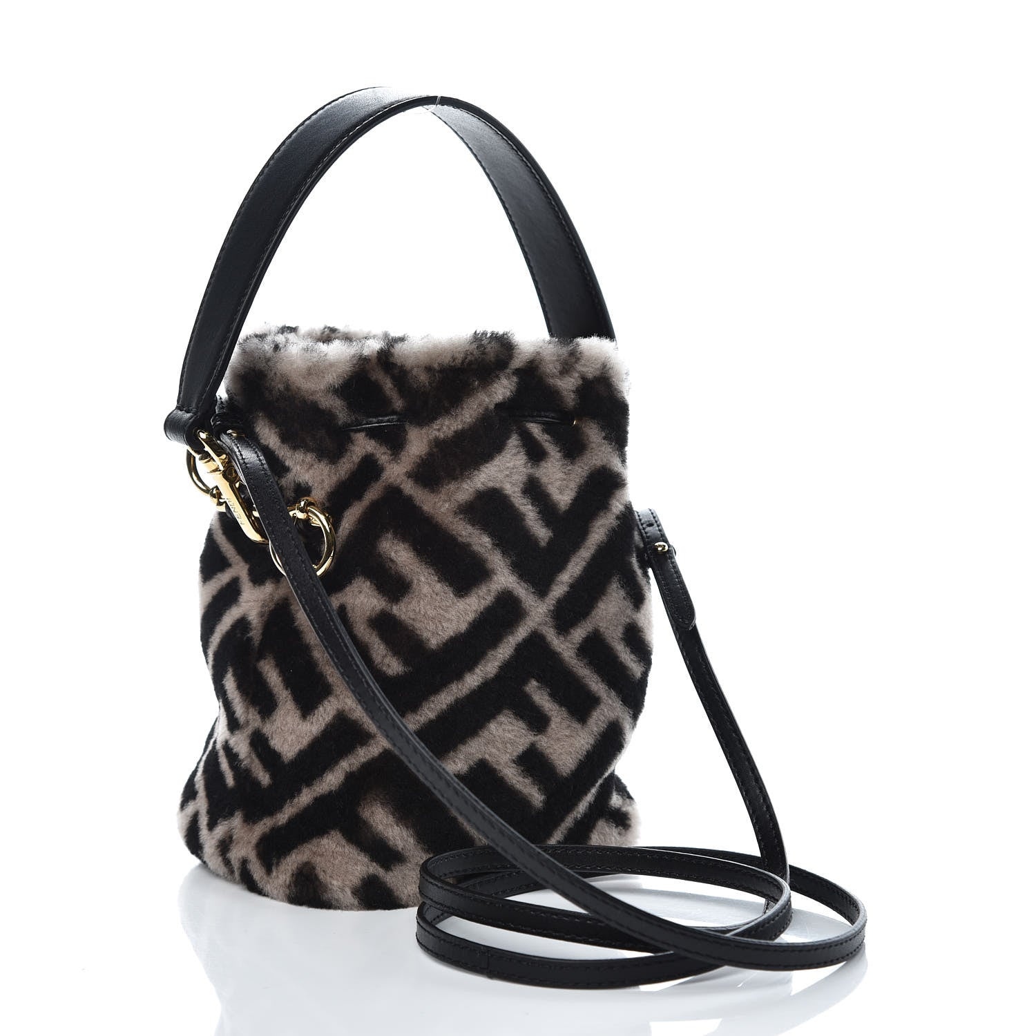 Fendi Shearling F is Macro FF 1974 Diagonal Mini Mon Tresor Bucket Bag Dove Black 4 of 8