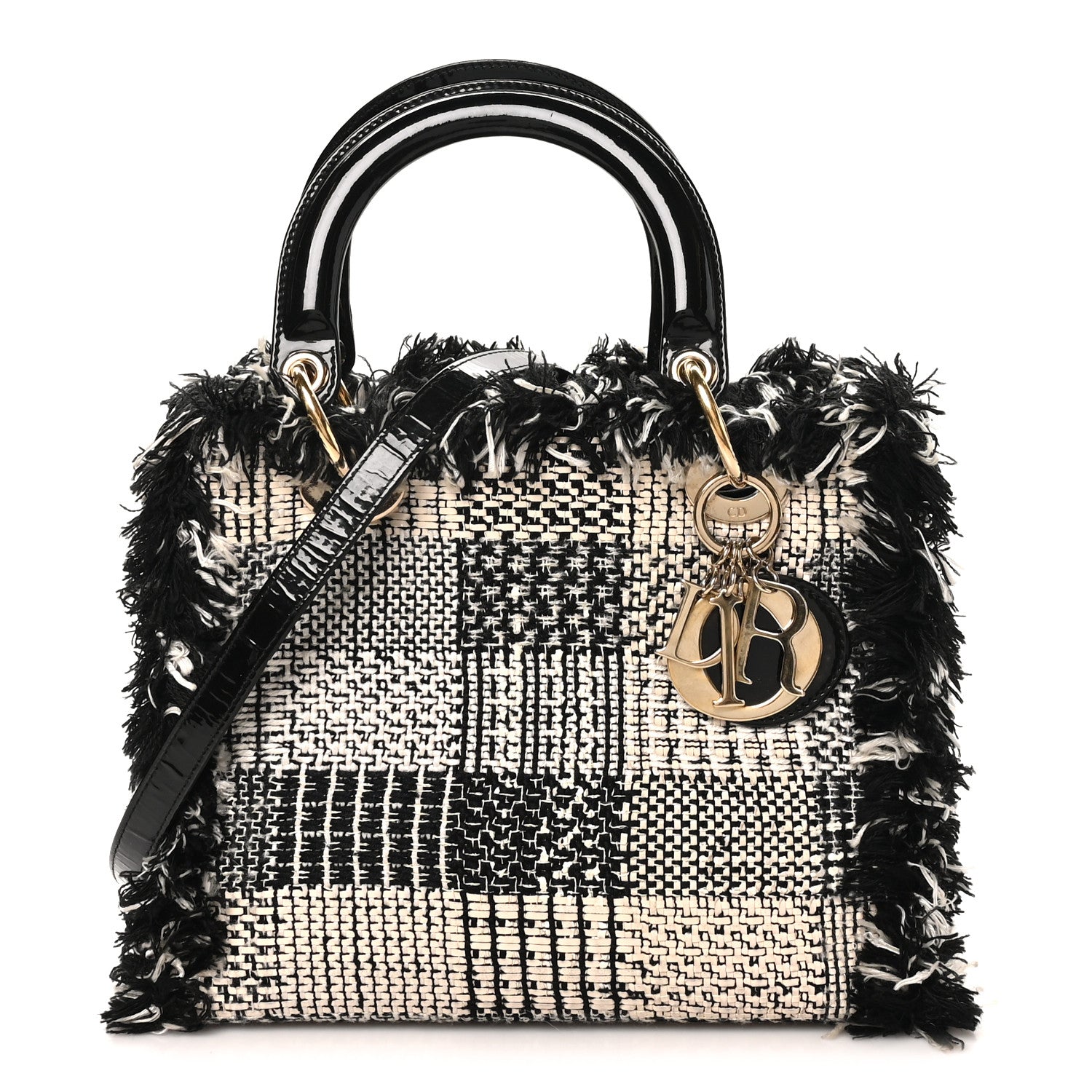Christian Dior Tweed Fringe Medium Lady Dior White Black 1 of 10