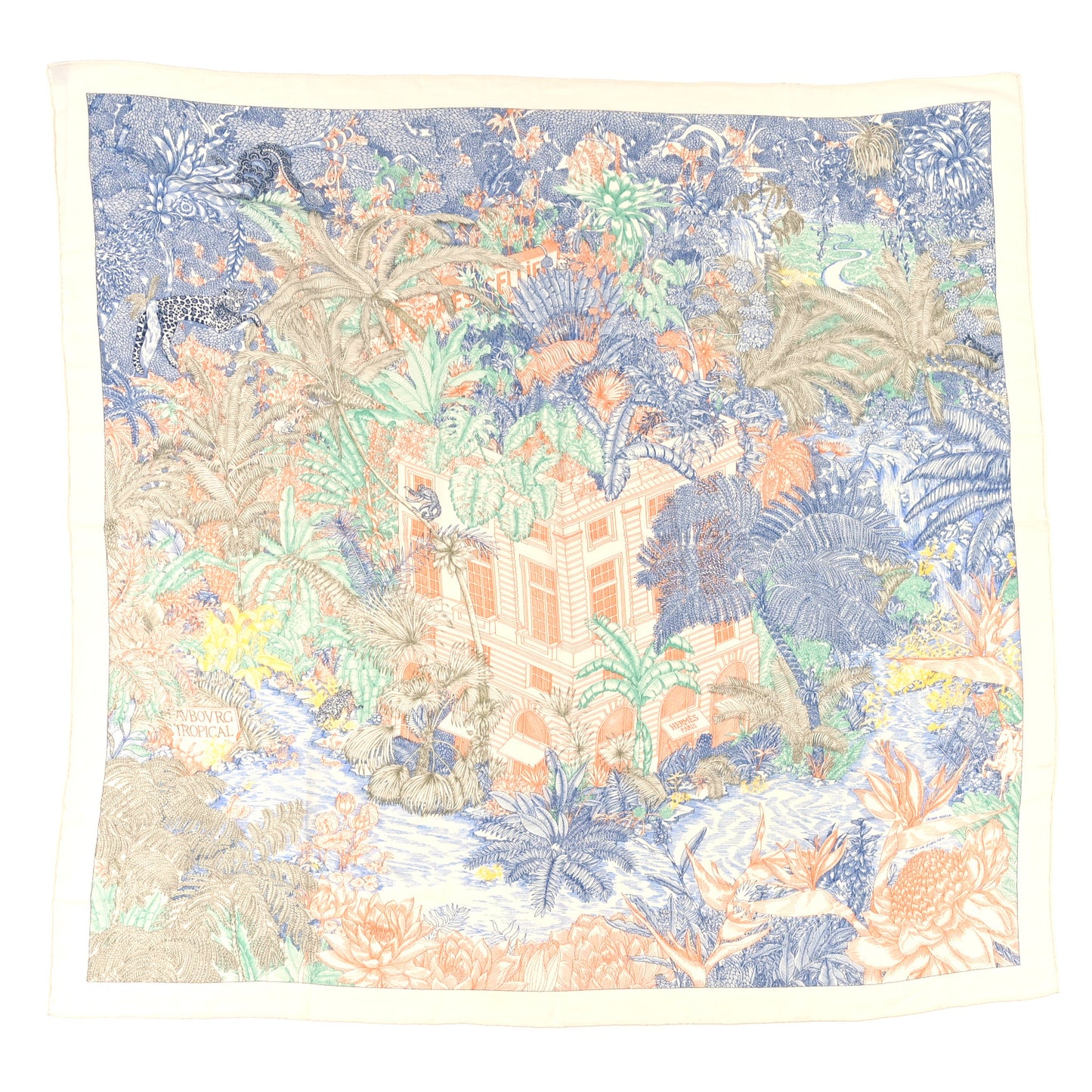 Cashmere Silk Faubourg Tropical Shawl 140 White Bleu Abricot