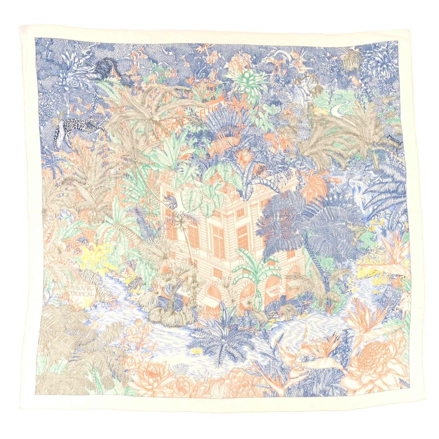 Hermes Cashmere Silk Faubourg Tropical Shawl 140 White Bleu Abricot 1 of 4