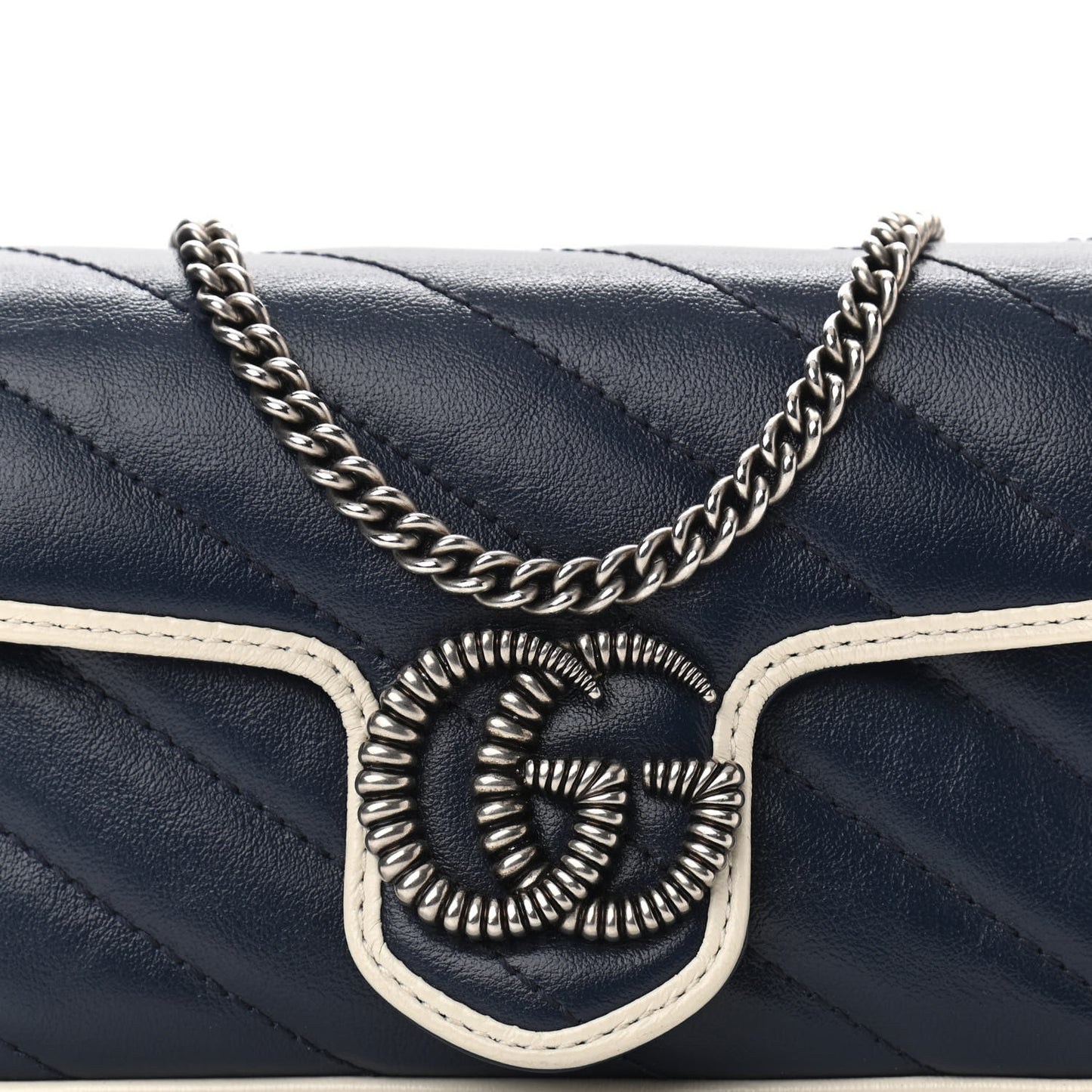Vintage Effect Calfskin Matelasse Diagonal Super Mini Torchon GG Marmont Shoulder Bag Blue Agata Mystic White