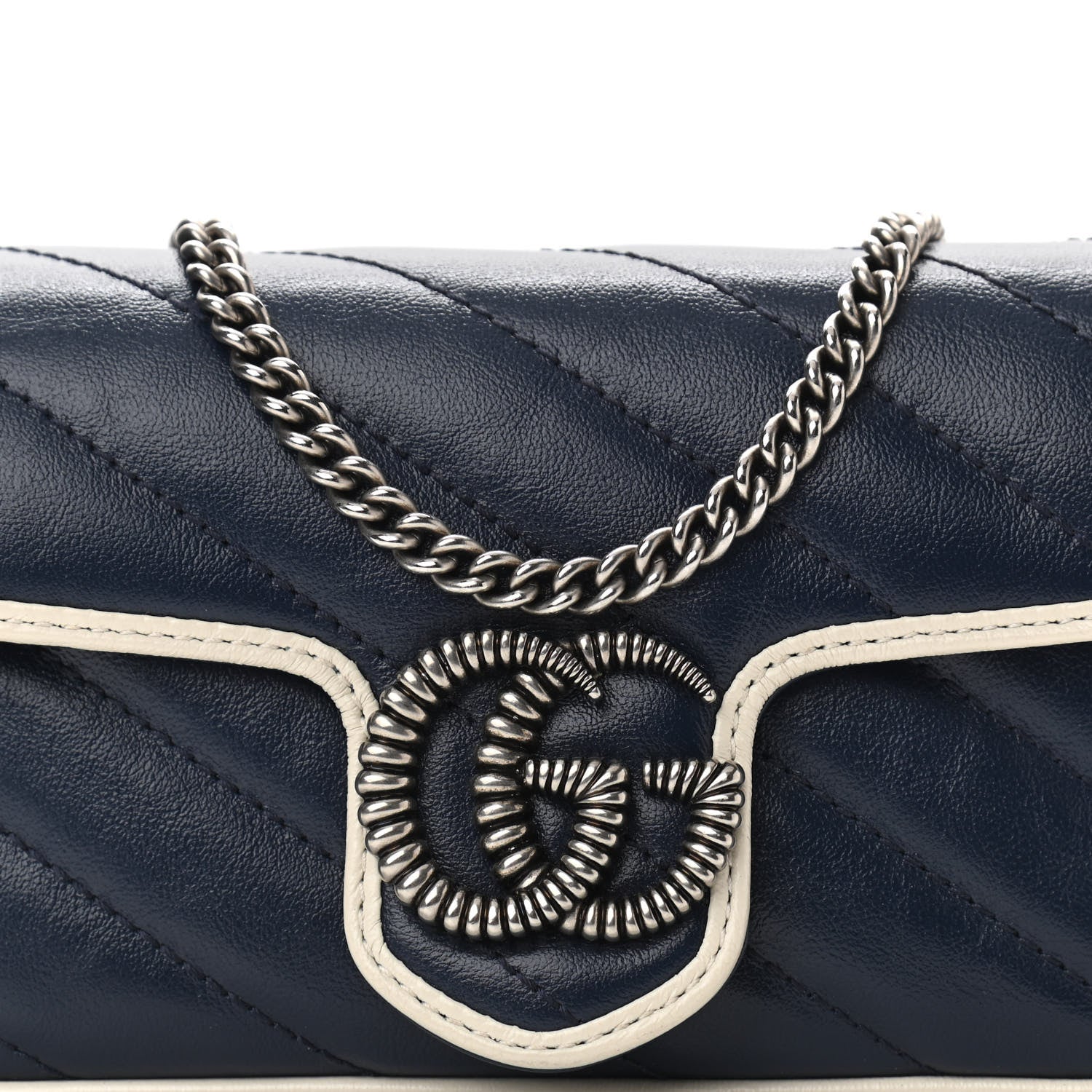 Gucci Vintage Effect Calfskin Matelasse Diagonal Super Mini Torchon GG Marmont Shoulder Bag Blue Agata Mystic White 8 of 10