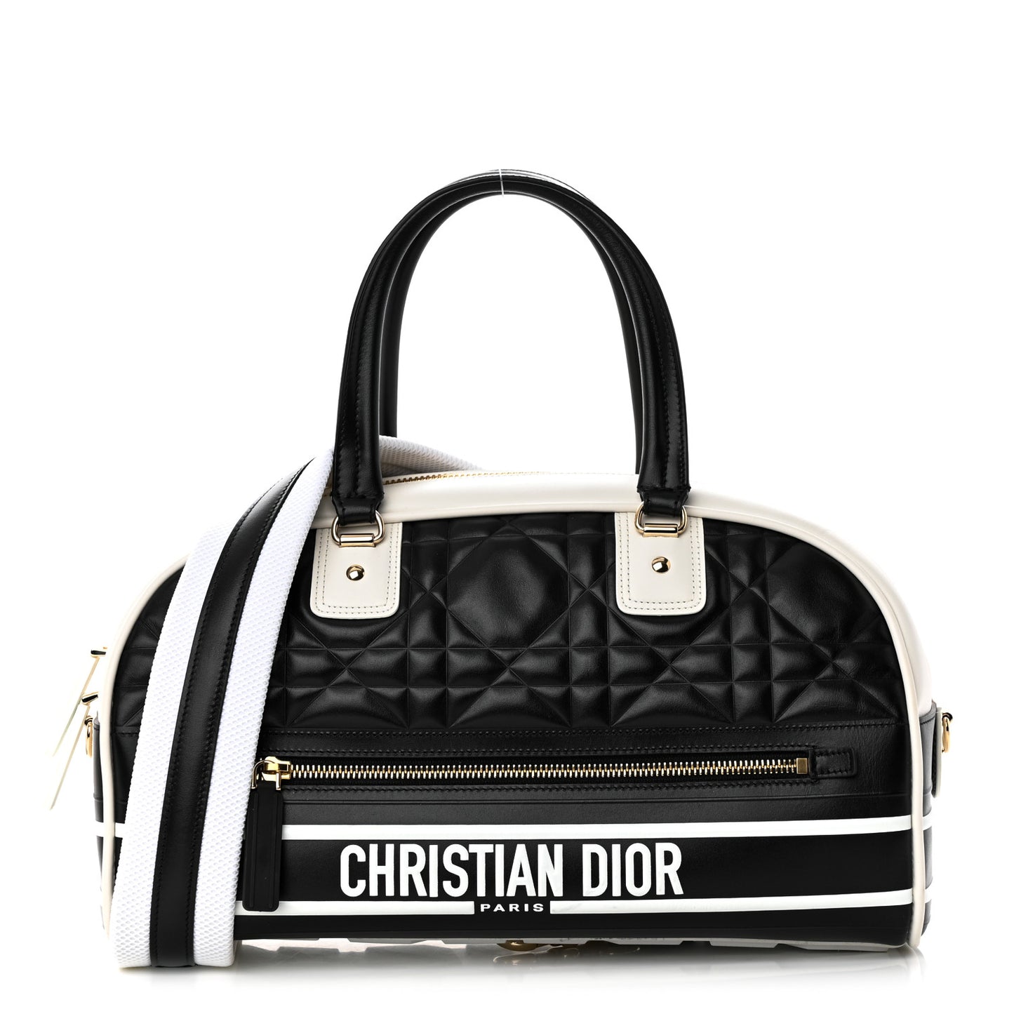 Lambskin Cannage Medium Dior Vibe Zip Bowling Bag Black White