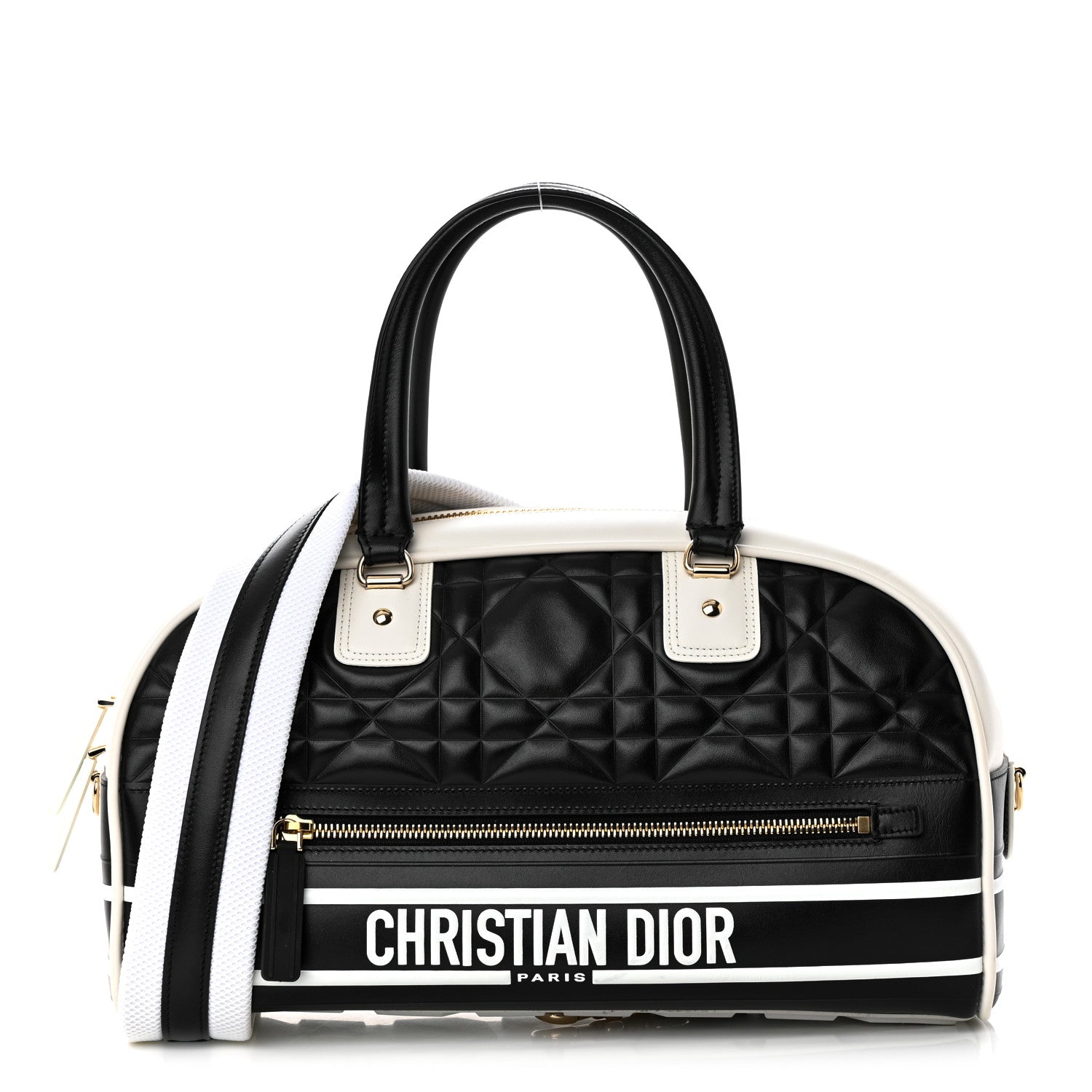 Christian Dior Lambskin Cannage Medium Dior Vibe Zip Bowling Bag Black White 1 of 17