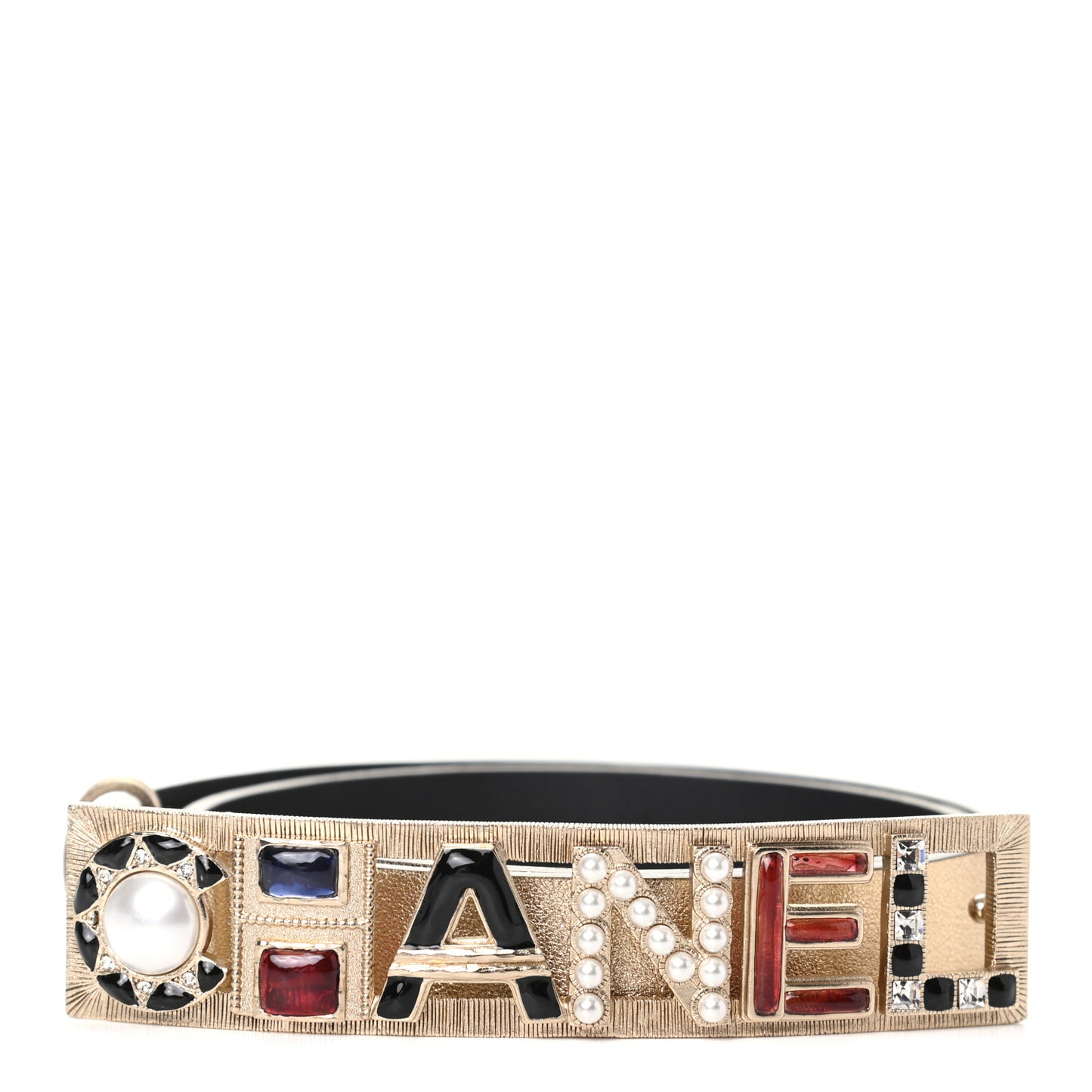 Metallic Calfskin Pearl Crystal Resin Logo Belt 70 28 Gold