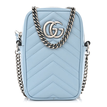 Gucci Calfskin Matelasse Mini GG Marmont Crossbody Bag Porcelain Light Blue 1 of 10