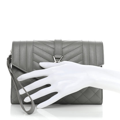 Saint Laurent Grain De Poudre Textured Mixed Matelasse Triquilt Monogram Clutch Storm 2 of 8