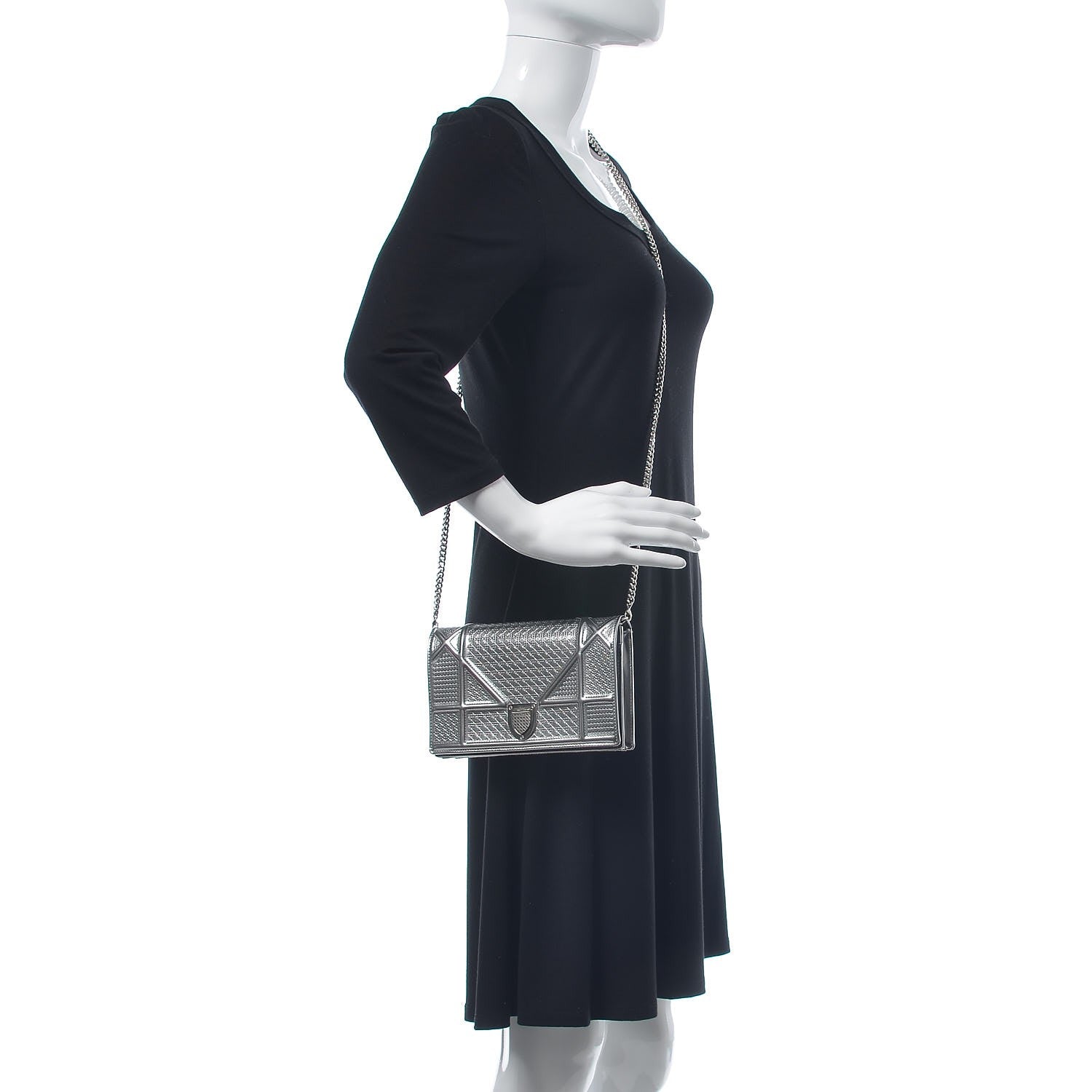 Christian Dior Metallic Patent Micro-Cannage Diorama Wallet on Chain Pouch Silver 2 of 11