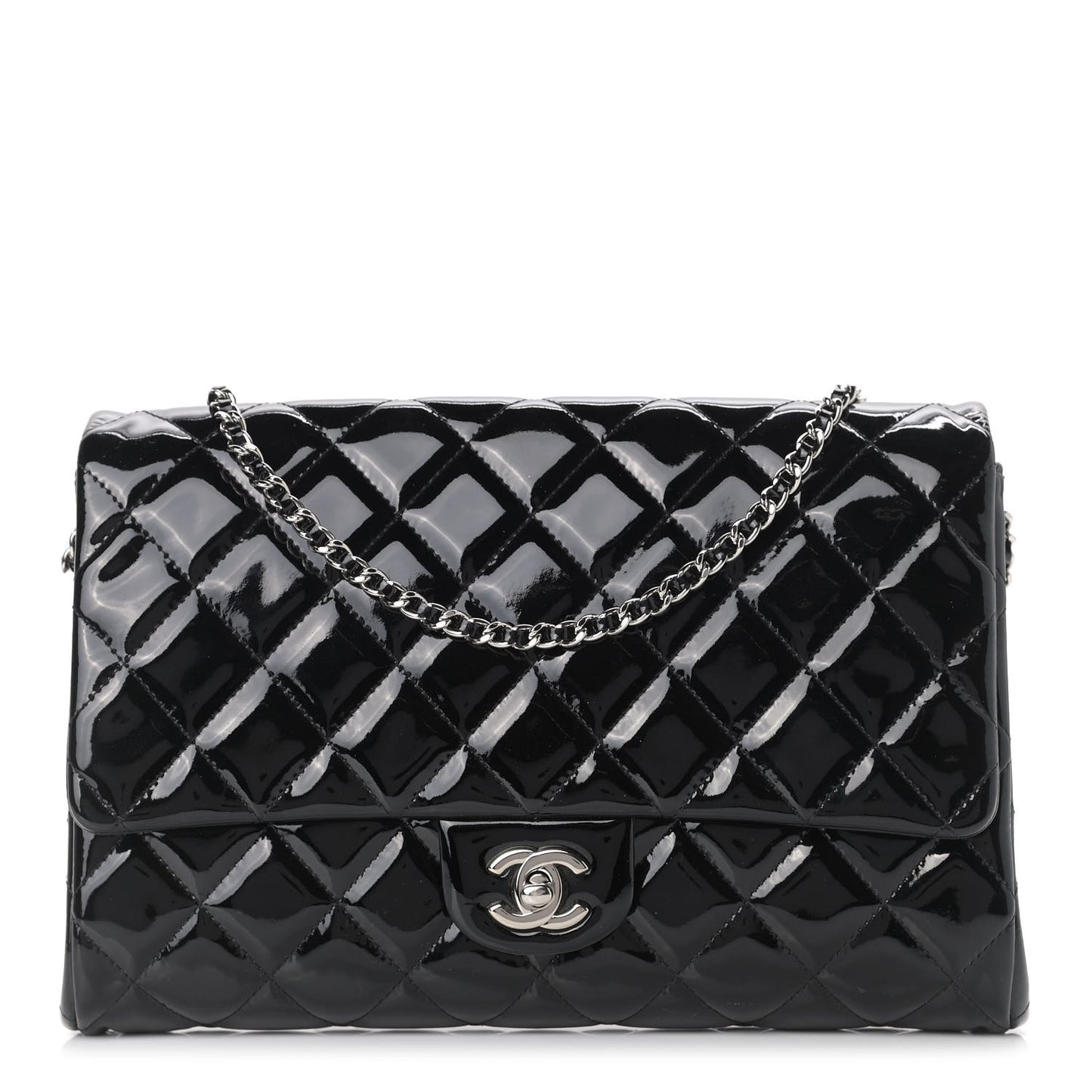 Patent Quilted Clutch with Chain Flap Black