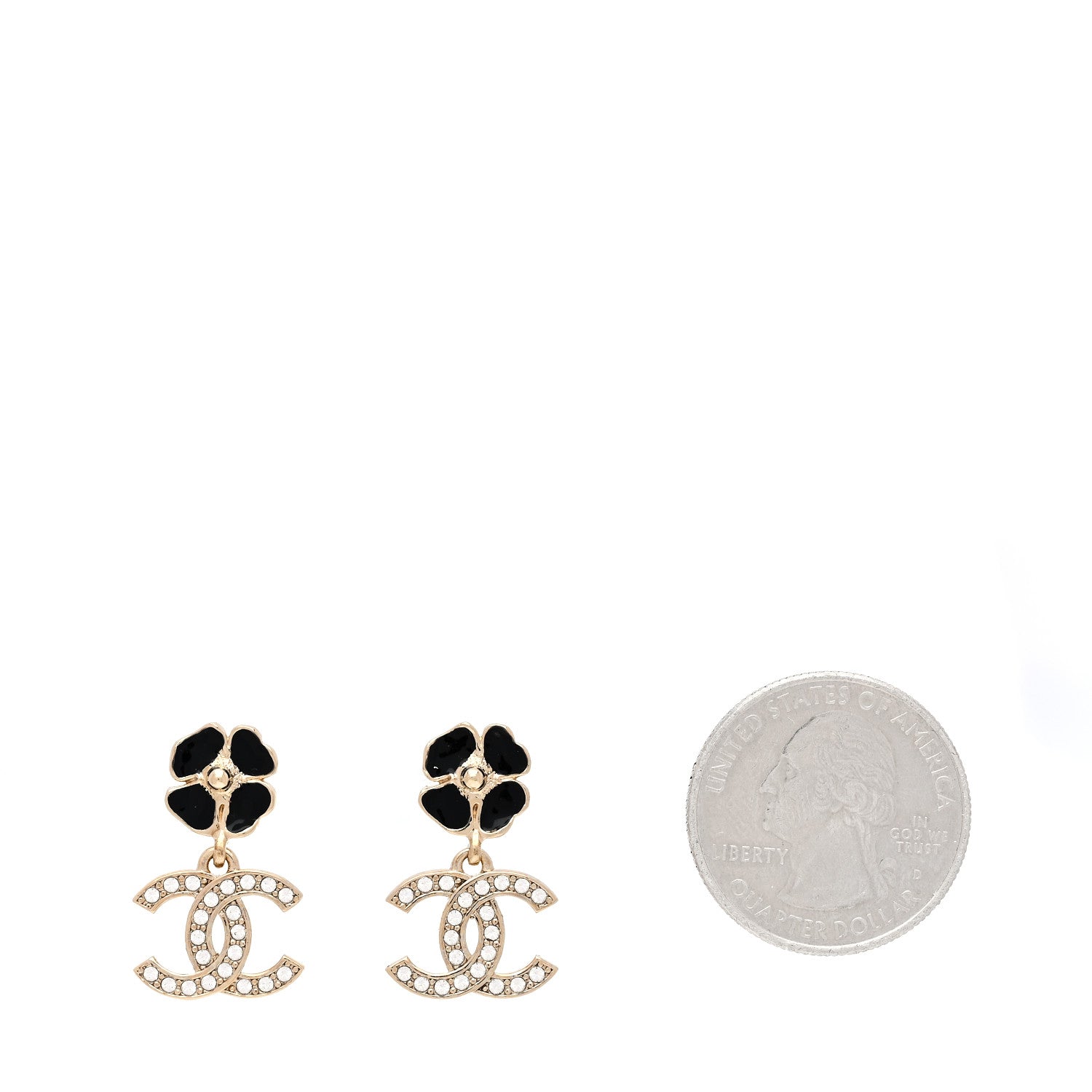 Chanel Crystal Resin Camellia CC Drop Earrings Gold Black 2 of 5