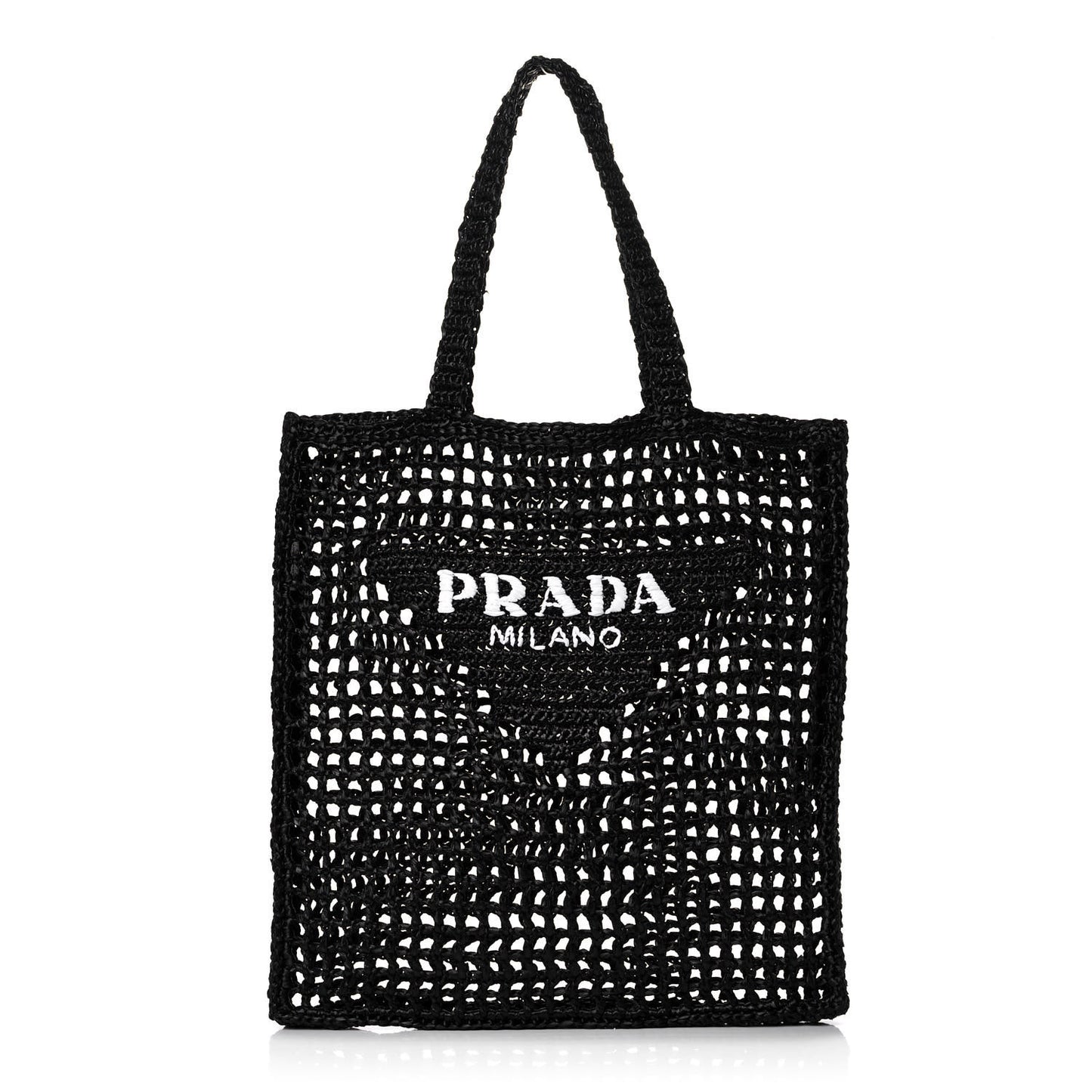 Yarn Raffia Effect Crochet Logo Embroidered Tote Bag Black