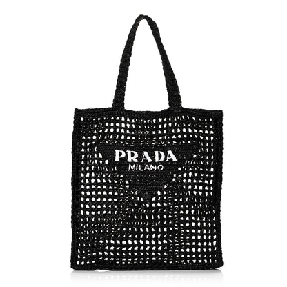 Prada Yarn Raffia Effect Crochet Logo Embroidered Tote Bag Black 1 of 9