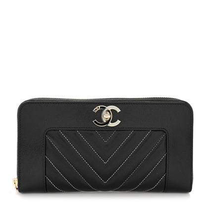 Chanel Sheepskin Chevron Quilted Mademoiselle Vintage Zip Around Wallet Black 1 of 11