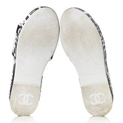 Chanel Fabric Grosgrain Printed CC Espadrille Slip On Sandals 35 White Black 5 of 7