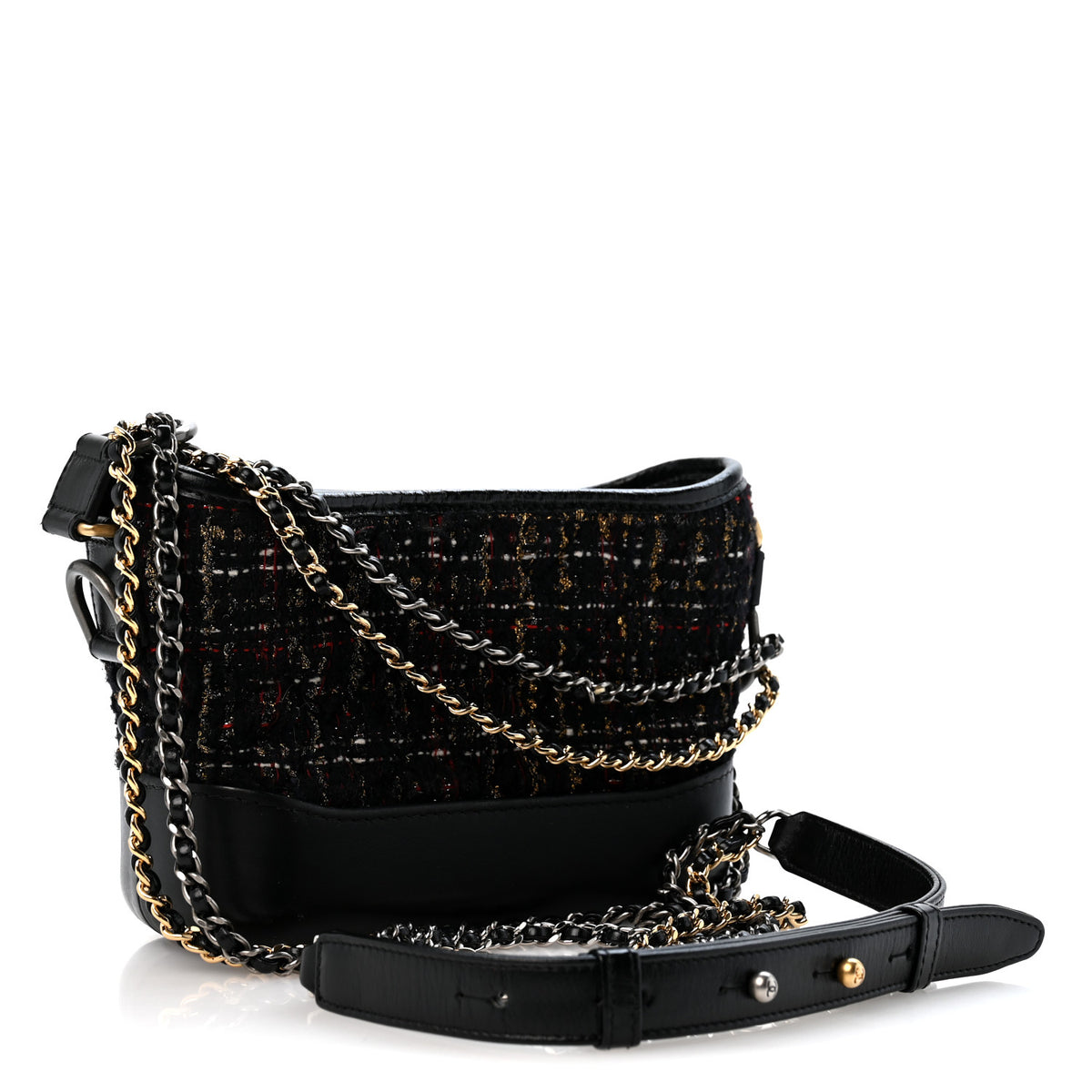 Chanel Tweed Calfskin Quilted Small Gabrielle Hobo Black Gold 3 of 14
