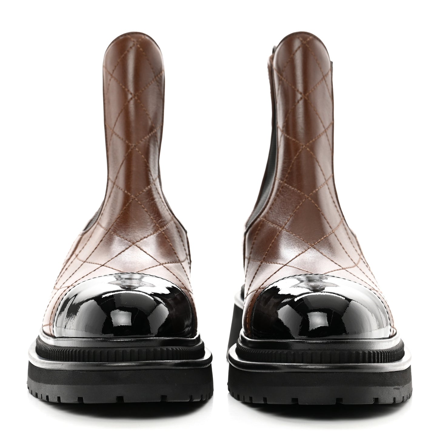 Calfskin Patent Cap Toe Quilted Short Boots 39 Brown Black