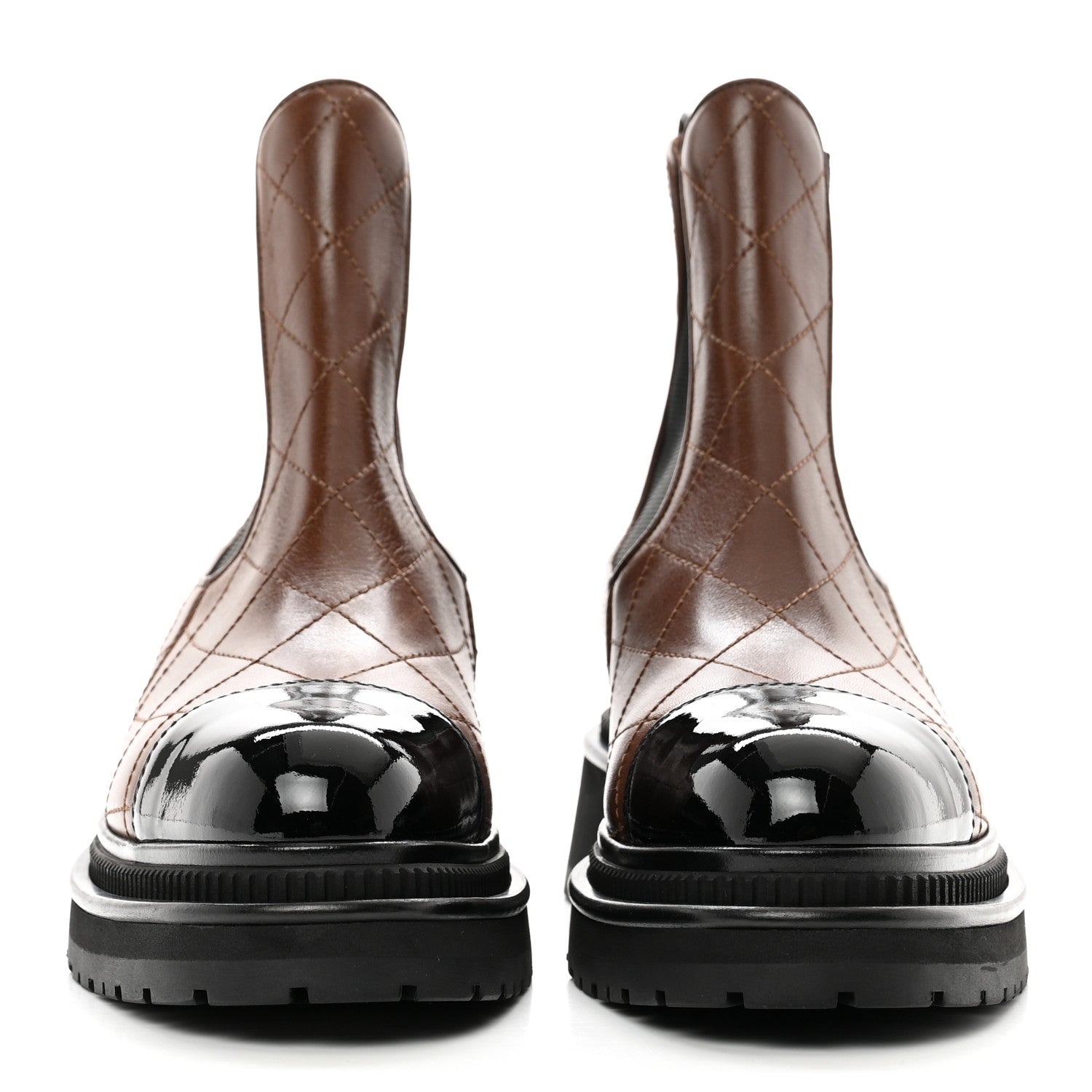 Chanel Calfskin Patent Cap Toe Quilted Short Boots 39 Brown Black 2 of 10