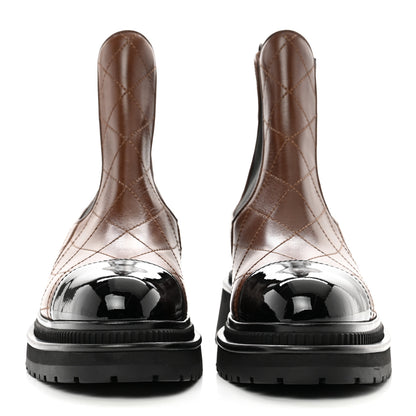 Chanel Calfskin Patent Cap Toe Quilted Short Boots 39 Brown Black 2 of 10
