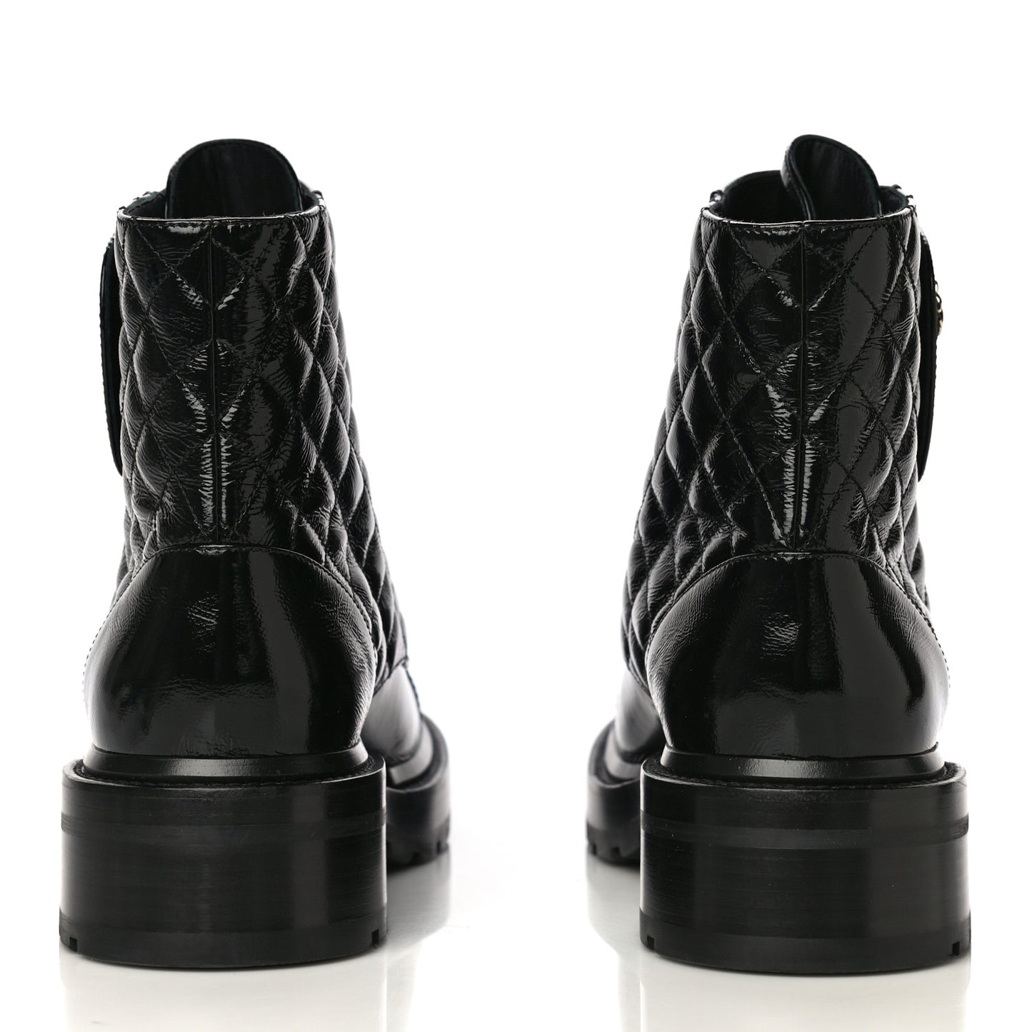 Shiny Calfskin Quilted Lace Up Combat Boots 39.5 Black