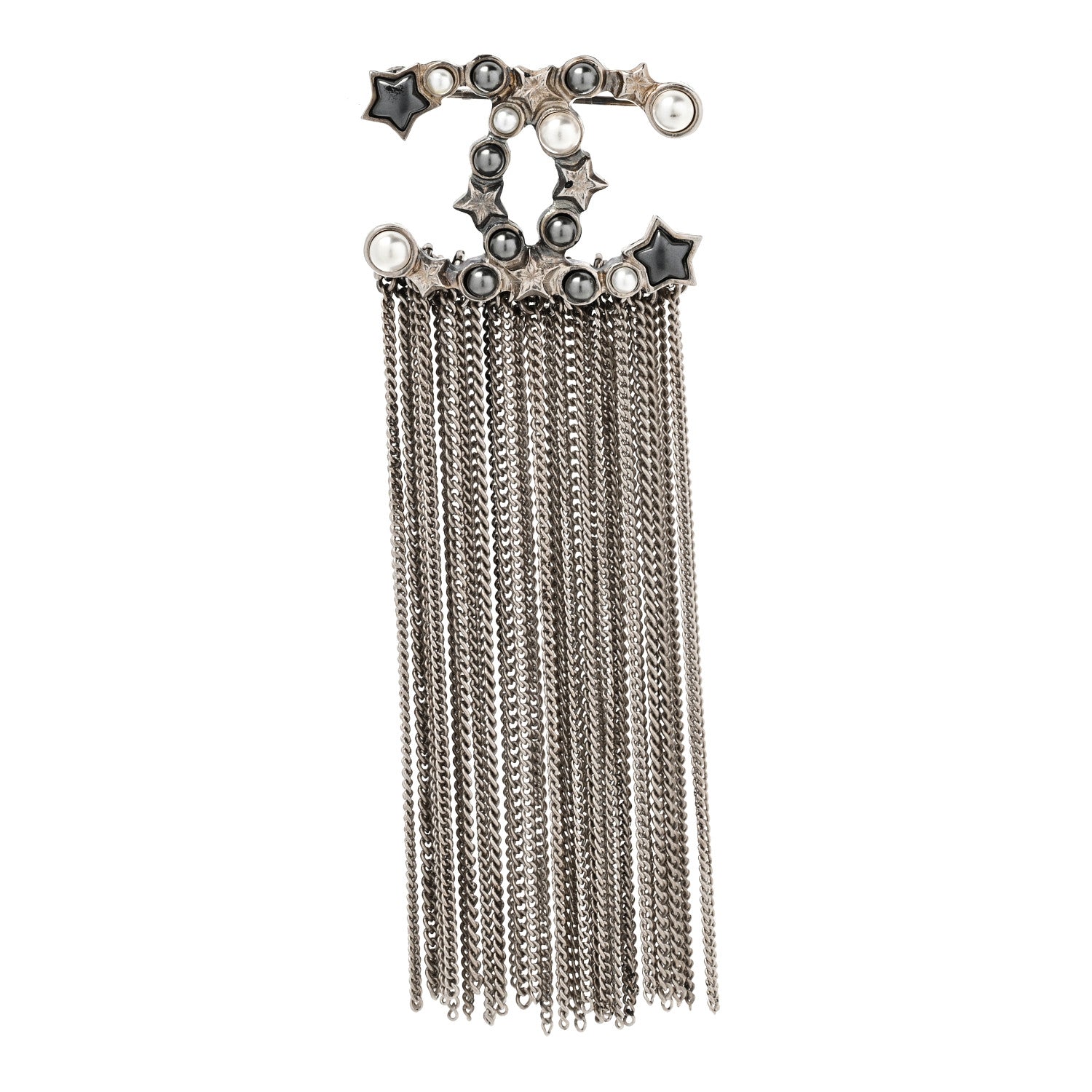 Chanel Metal Pearl Chain Fringe CC Brooch Silver 1 of 4