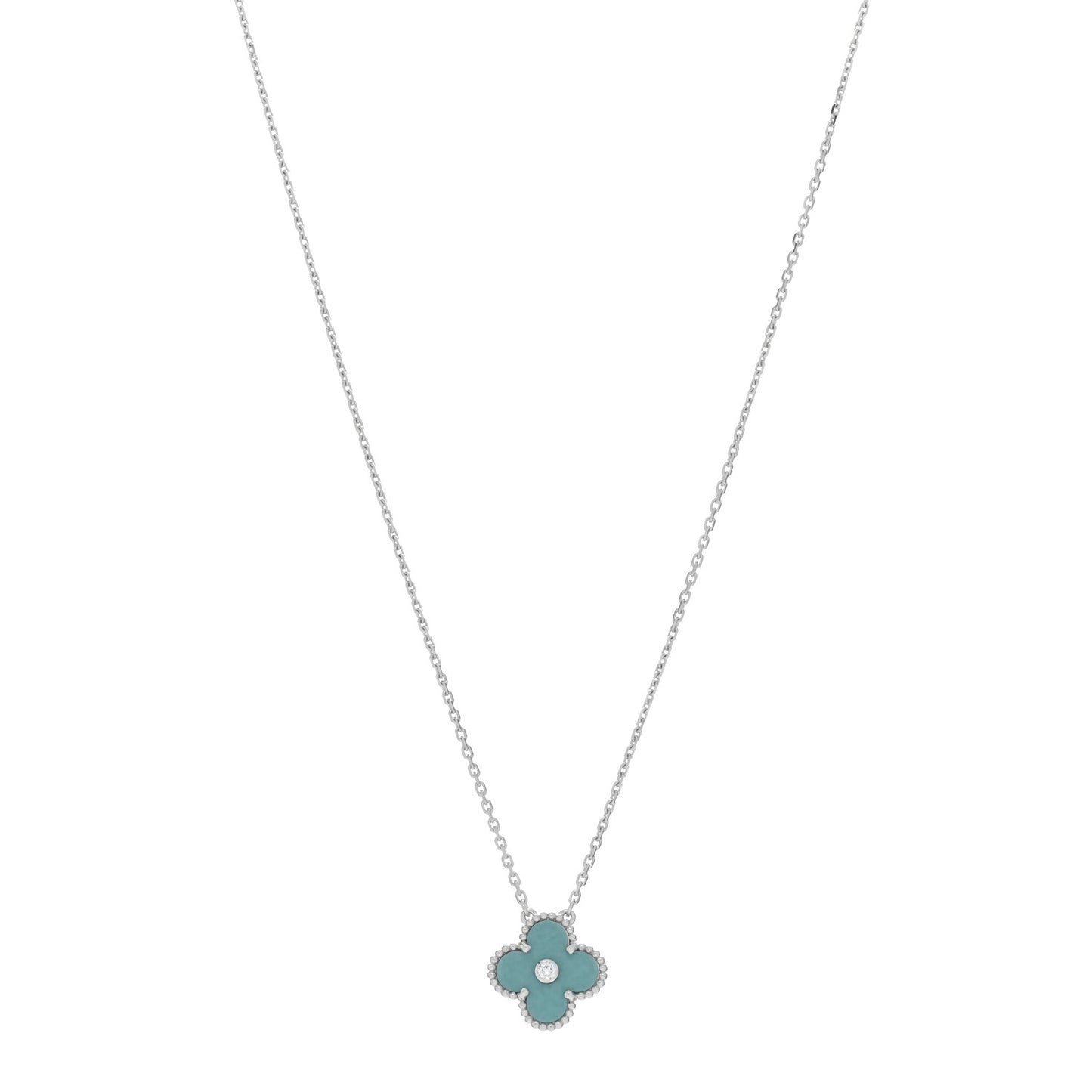 18K White Gold Diamond Celadon Green Sevres Porcelain Vintage Alhambra Pendant Necklace