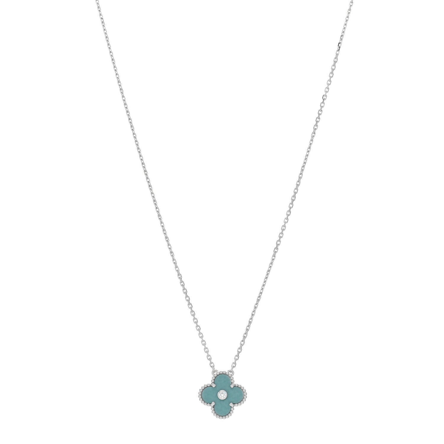 Van Cleef & Arpels 18K White Gold Diamond Celadon Green Sevres Porcelain Vintage Alhambra Pendant Necklace 1 of 5