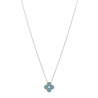 Van Cleef & Arpels 18K White Gold Diamond Celadon Green Sevres Porcelain Vintage Alhambra Pendant Necklace 1 of 5