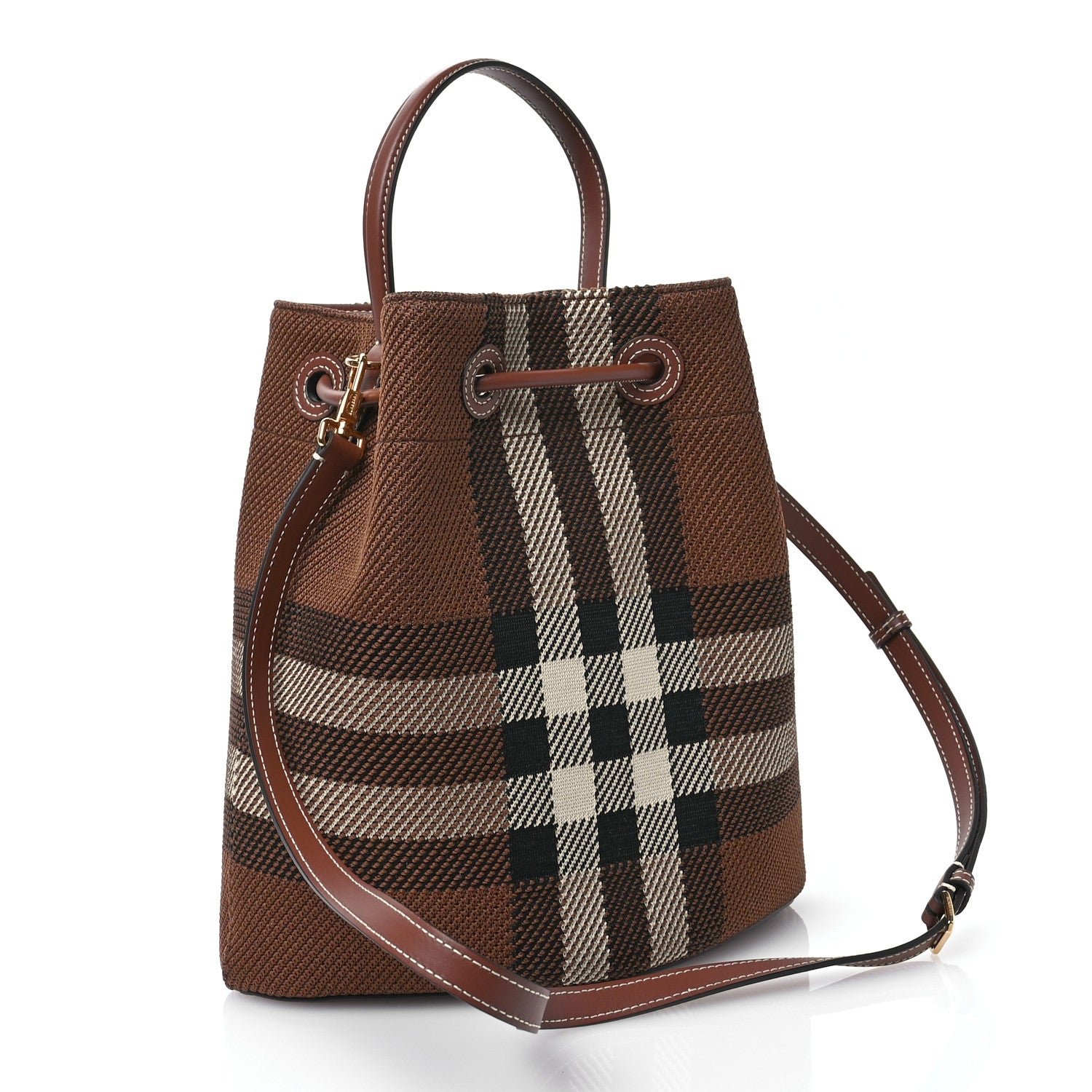 Burberry Knitted Check Calfskin TB Small Drawstring Bucket Bag Dark Birch Brown 3 of 11