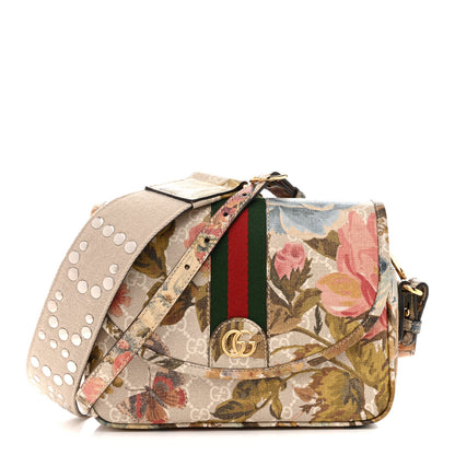 Gucci GG Supreme Monogram Water Flora Web Studded Mini Ophidia Flap Shoulder Bag Beige White Multicolor 1 of 10